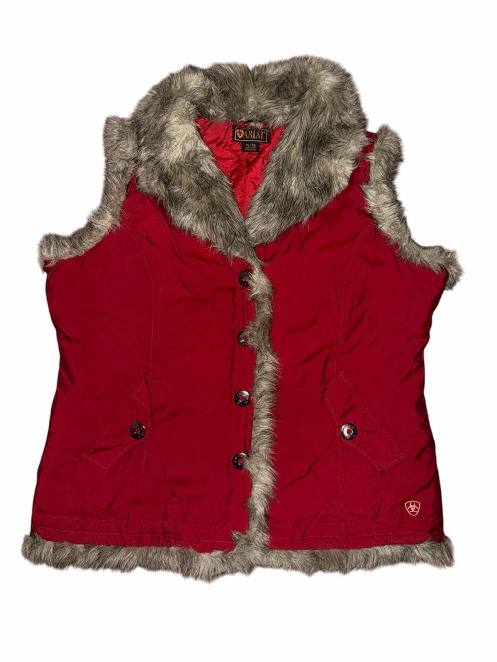 Red ARIAT faux fur vest with silver buttons
